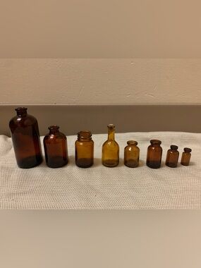 Antique/Vintage Apothecary Brown Amber Glass Bottles/Jars Lot Of 8